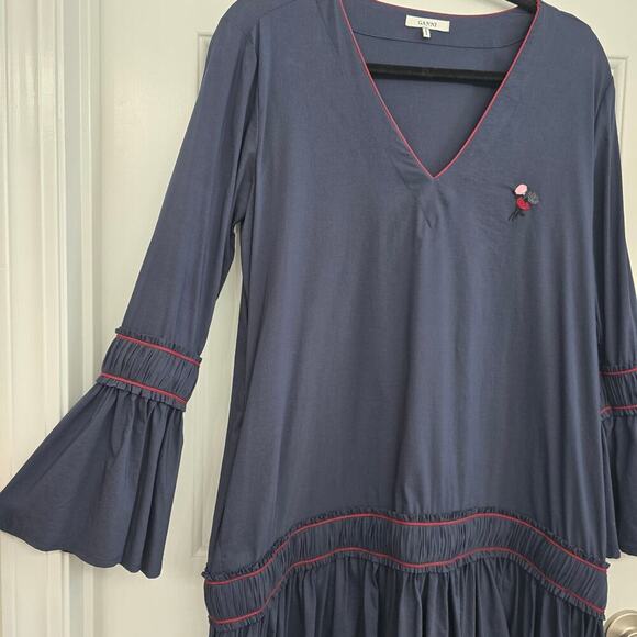 GANNI Navy Blue Poplin Midi Dress M Ruffle Embroidered Boho Luxury Minimalist - Picture 4 of 15